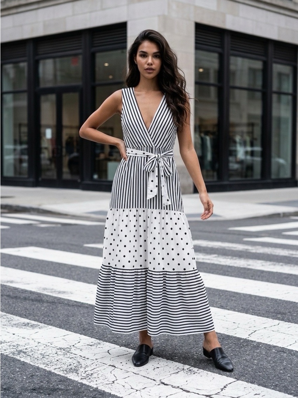 Express Rocky Barnes Coll.Blk & White Striped and Polka Dot Tiered Maxi Dress